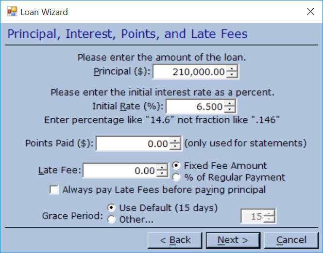 Principal, Interest, Late Fees dialog