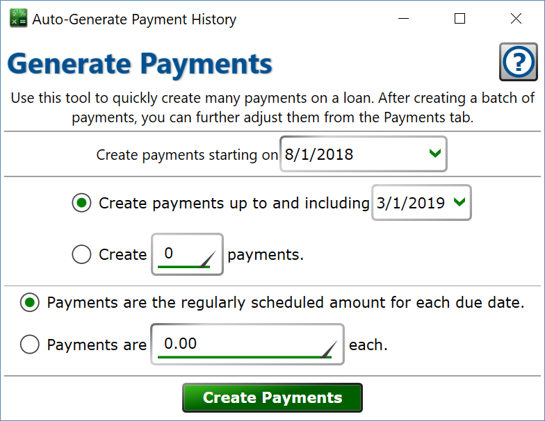 Quickly add several payments to a loan. Schreenshot of the Auto-Gerneate Payment History window.