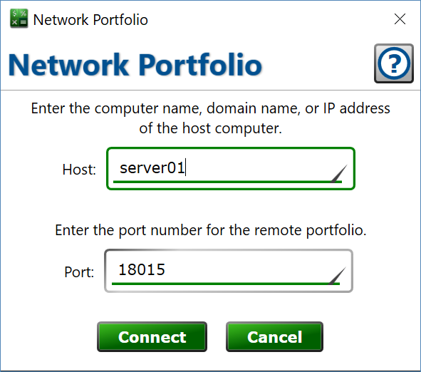 Specify the remote computer and port that is hosting a Moneylender portfolio. Screenshot of the Network Portfolio connection window.