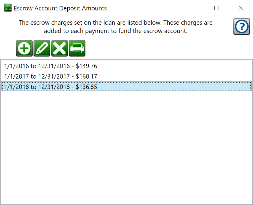 Create and edit escrow charges on a loan from this dialog. Screenshot of window to manage the escrow charges on a loan.