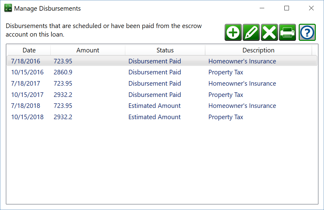 Manage Escrow Disbursements window showing the disbursements from the escrow account over time.