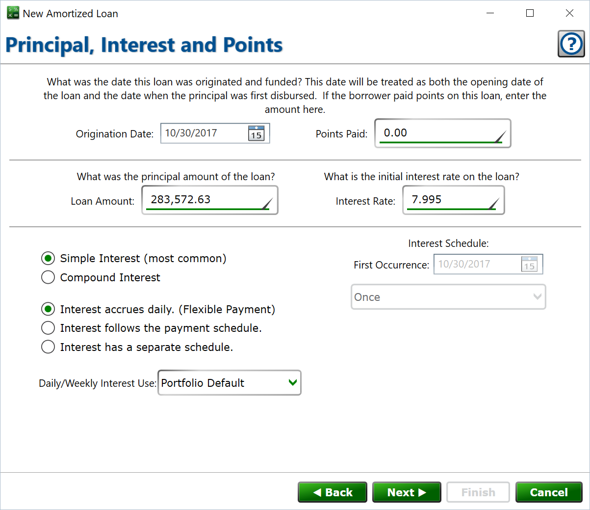 Set several key values for the loan - including origination date, points, principal amount, interst rate and interest schedule. Screenshot of the form to set the origination date, point, principal, interest rate, and some key interest settings.