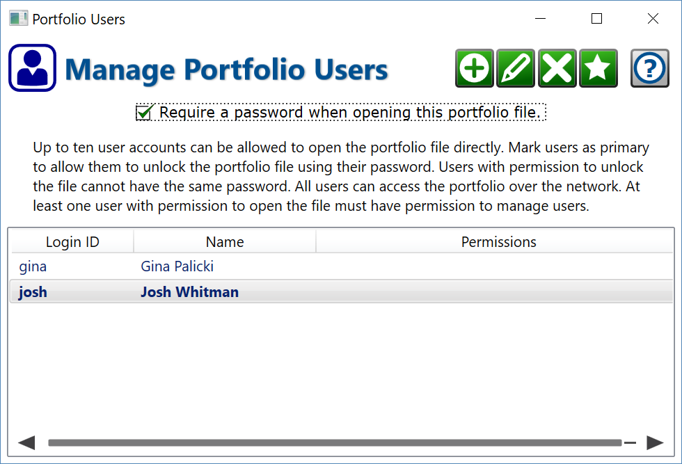Set up multiple user accounts to control how people can access your portfolio file. Screenshot of the Portfolio Users window.