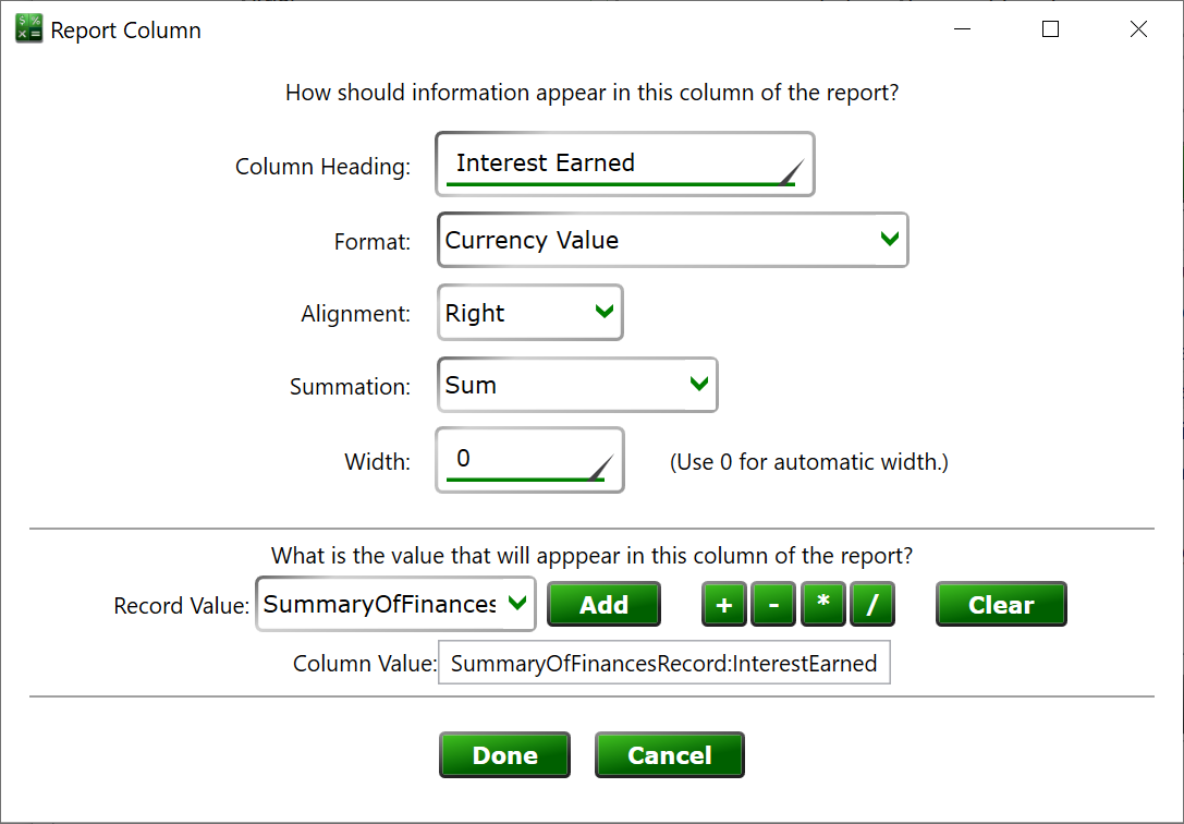 Moneylender's Column Editor window for setting columns on single loan and multi-loan reports.