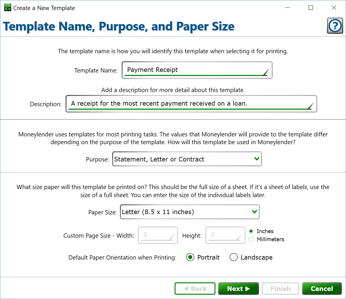 Set the general details of the template. Screenshot of the Template Name, Purpose and Paper Size window.