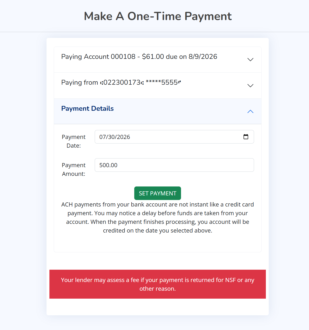 Screenshot of confirming a one-time payment in the AutoPay borrower portal.