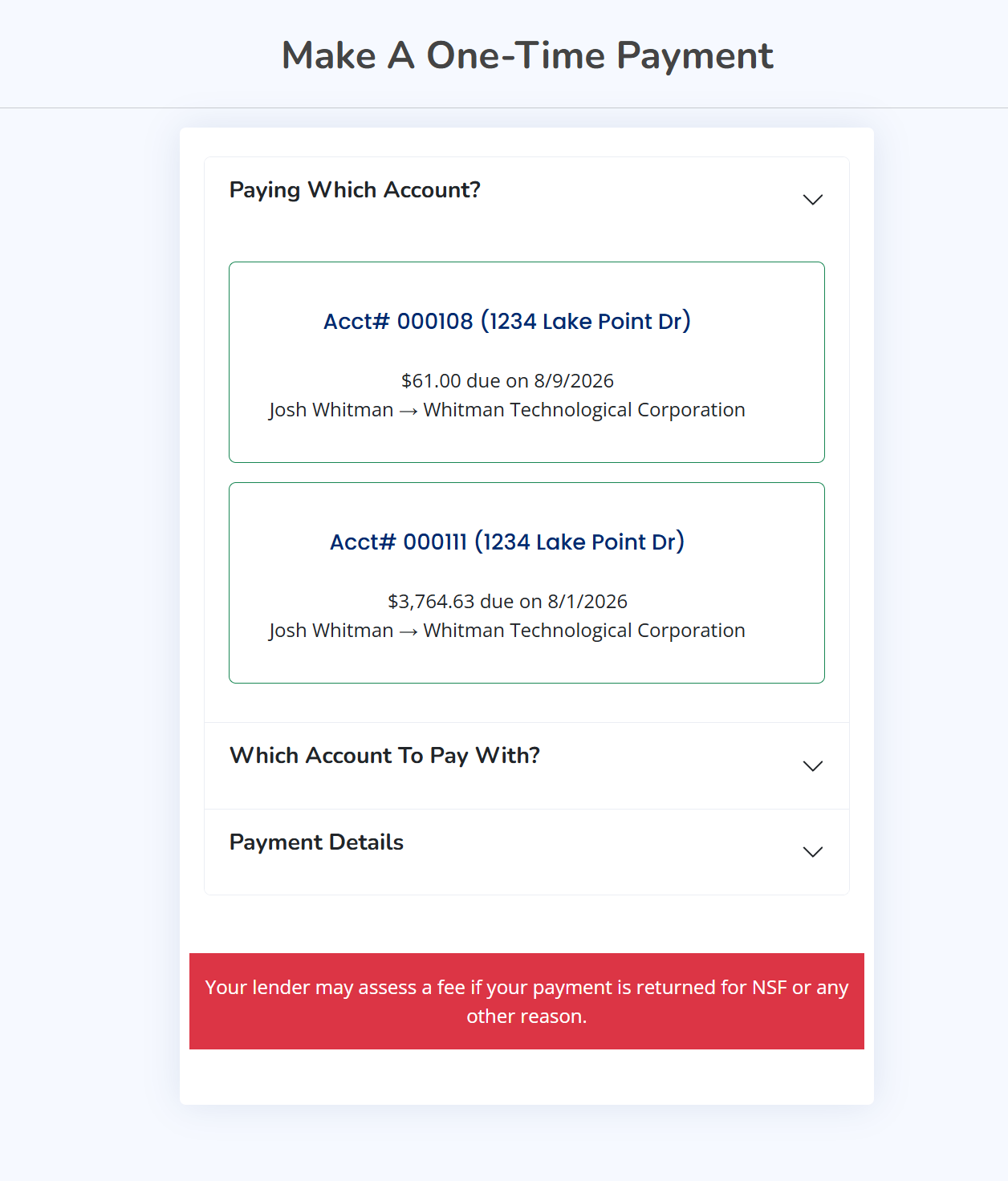 Screenshot of starting a one-time payment in the AutoPay borrower portal.
