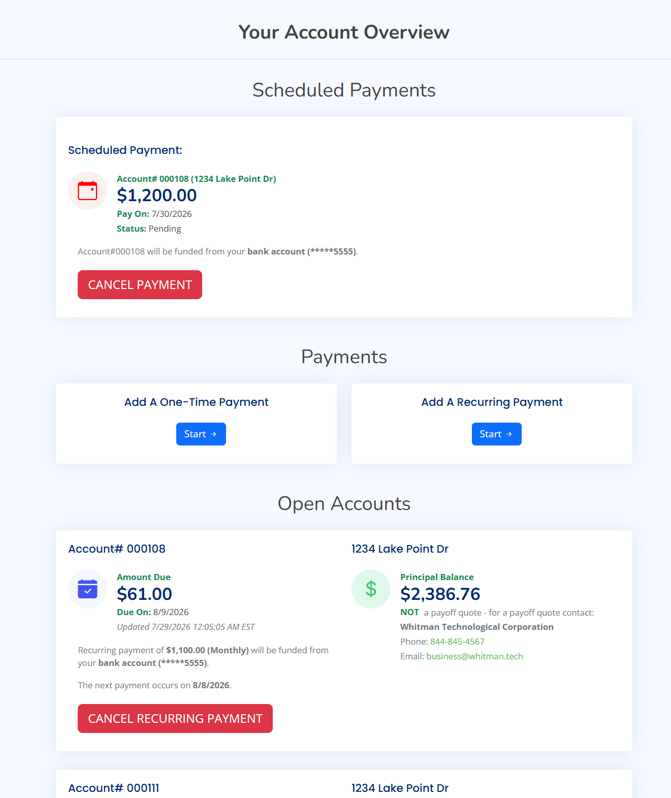 Screenshot of the AutoPay borrower portal overview with scheduled payments listed.