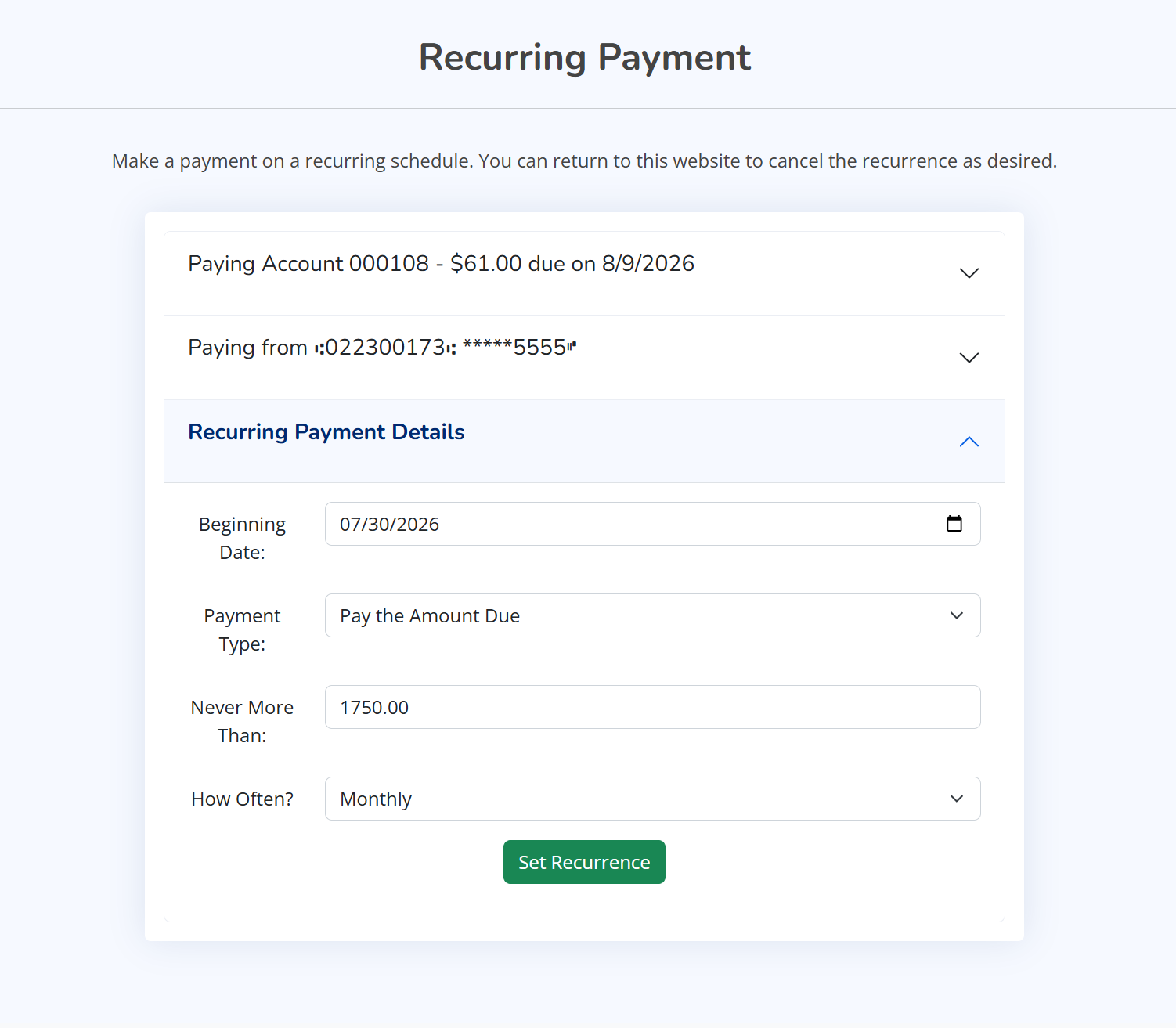 Screenshot of setting up a recurring payment in the AutoPay borrower portal.