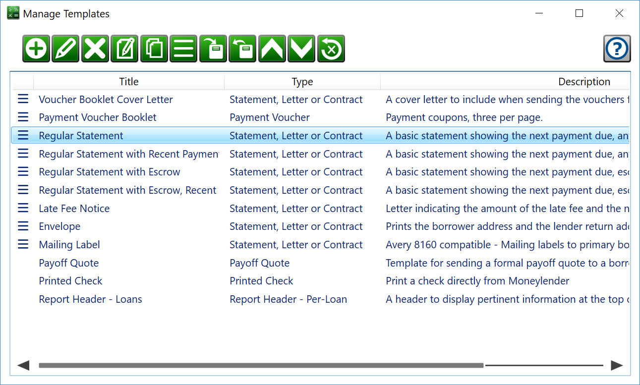 Screenshot of the Manage Templates window.