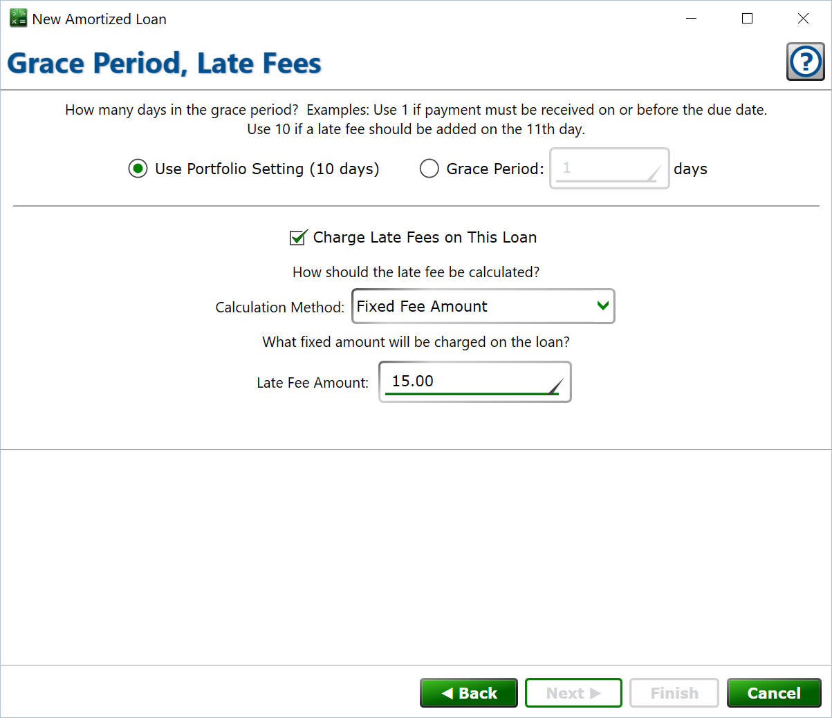 Set the grace period for late payments and the late fees to charge when payments arrive after the grace period. Screenshot of the form to set the grace period and late fees on a loan.