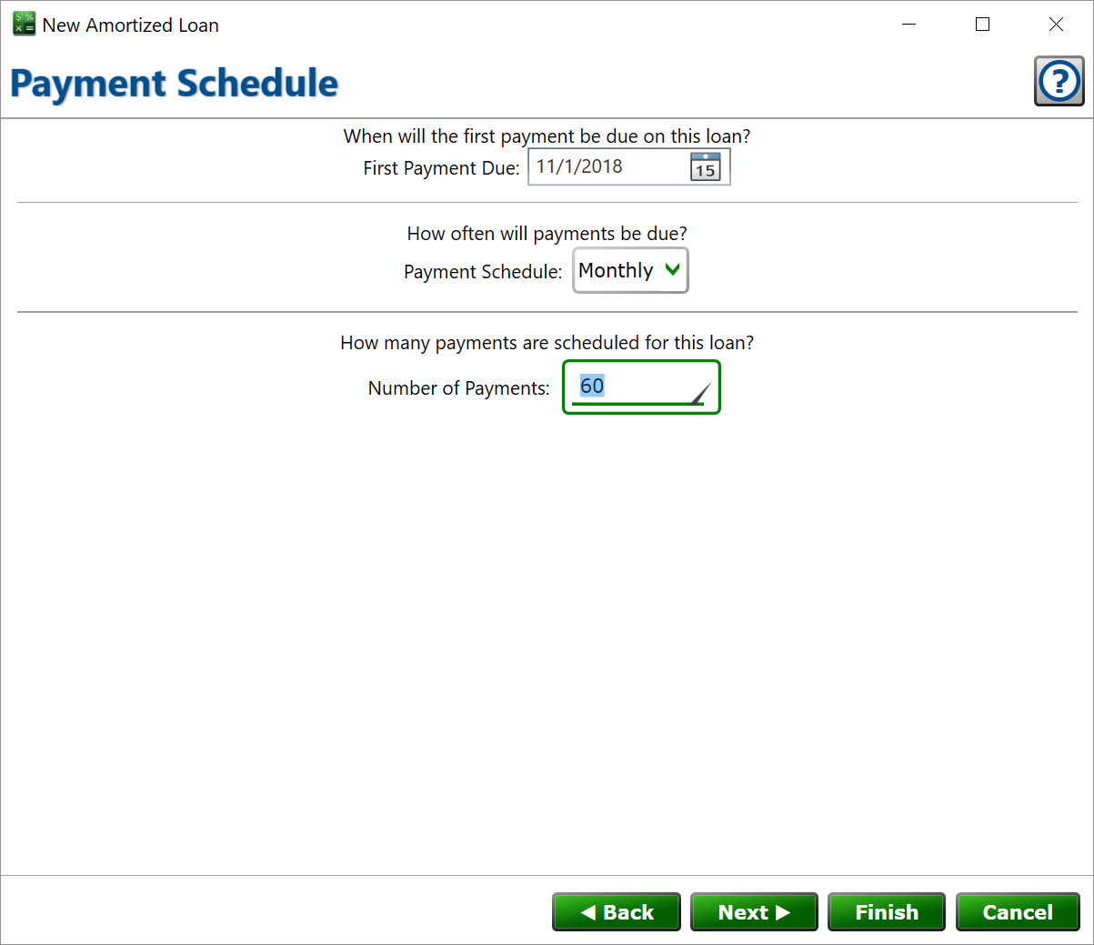 Image of Moneylender in the Amortized Loan Wizard with the payment count set to 60