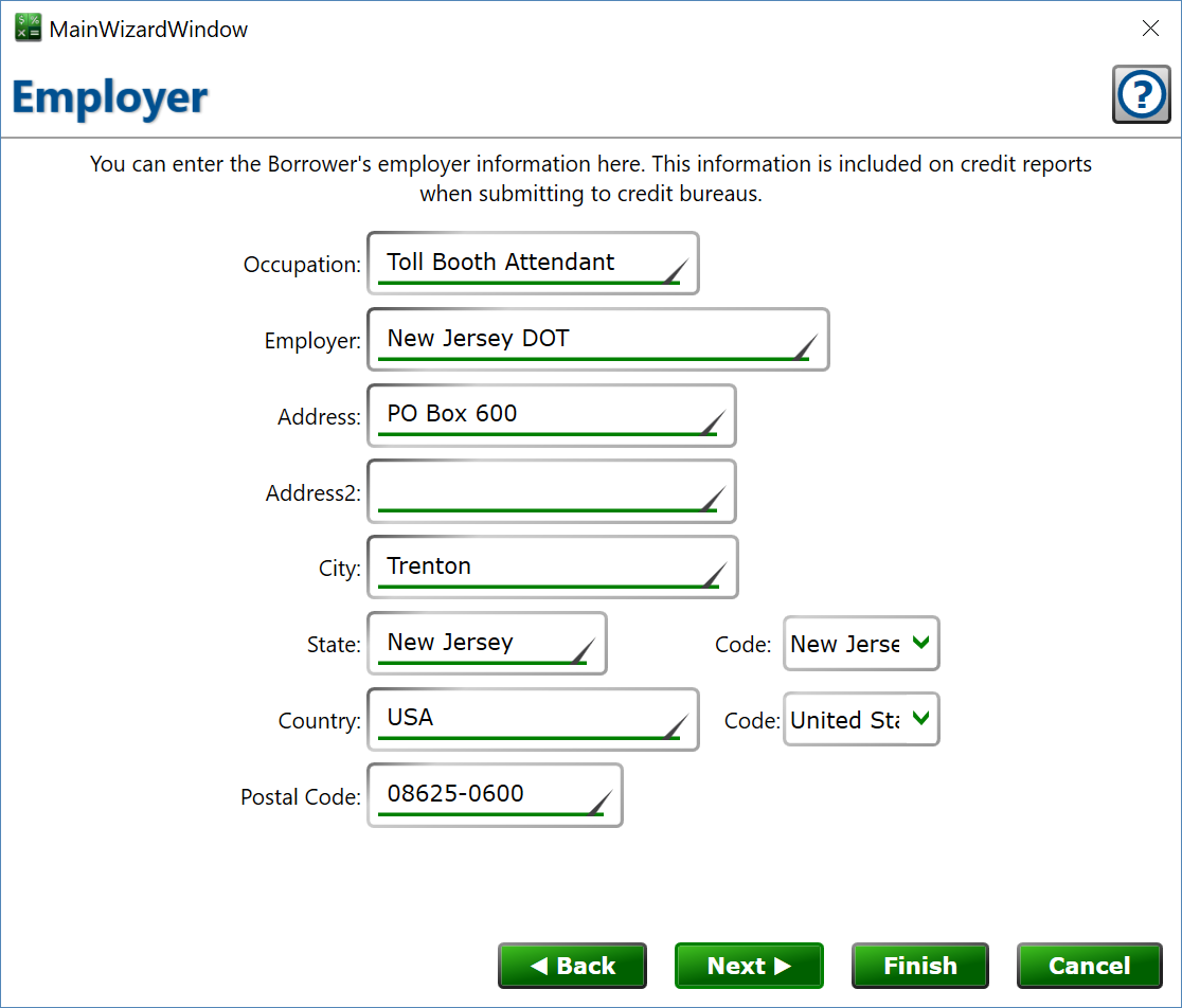 Screenshot of form to enter the borrower's employer information, job title, and mailing address.