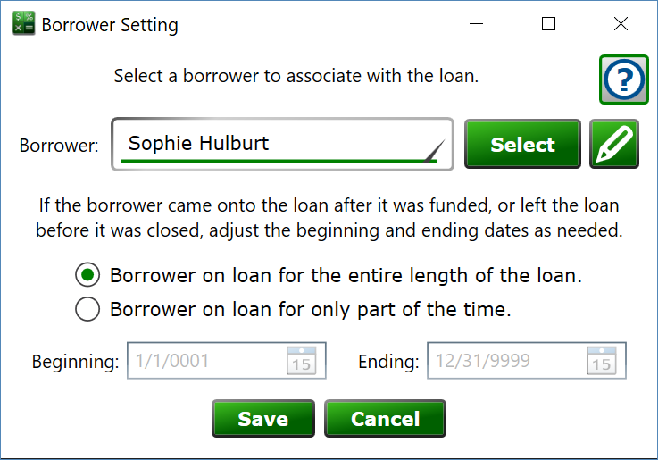 Screenshot of the Borrower Setting window in Moneylender.