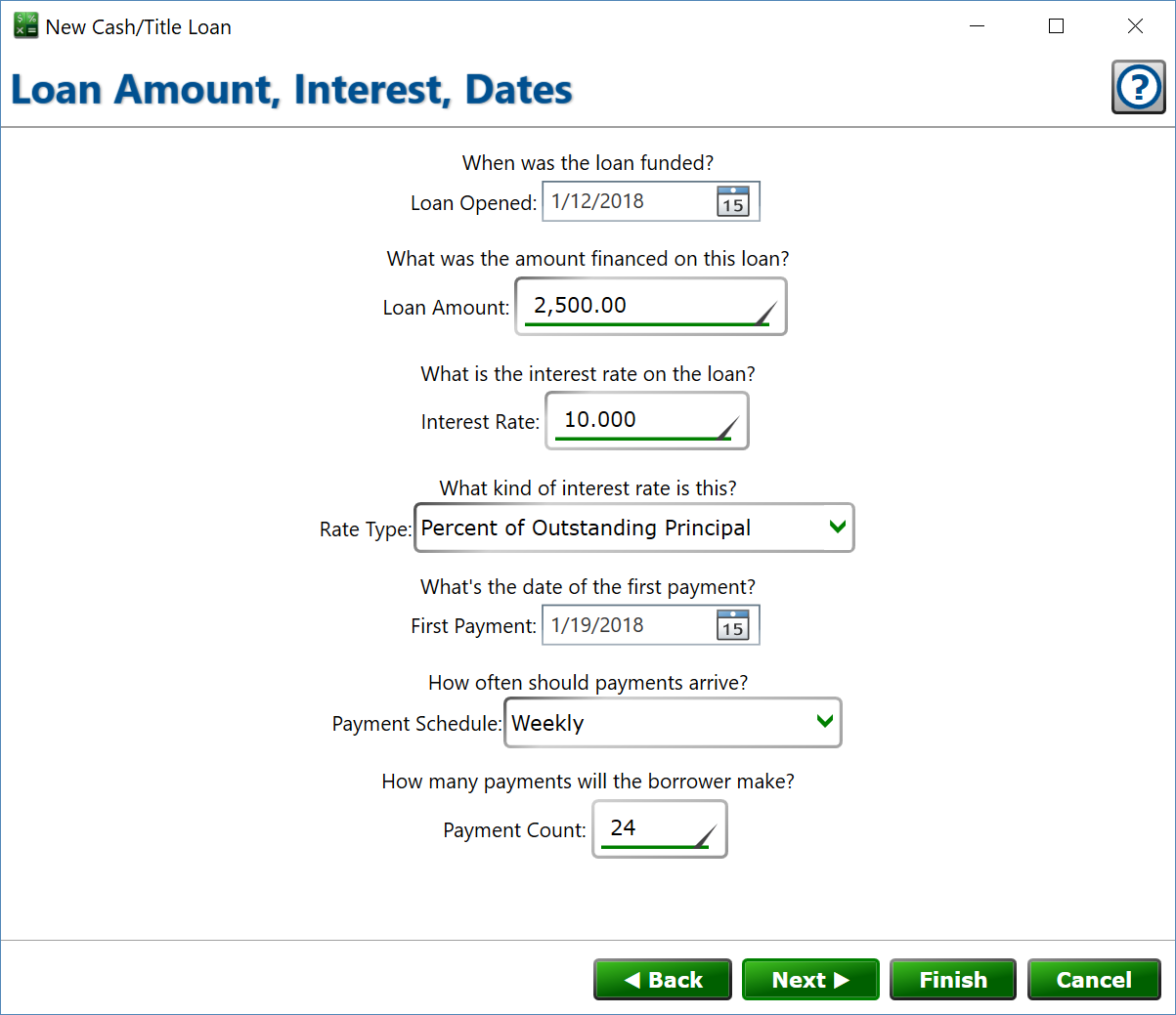 Screenshot of the loan amount, dates, and payment schedule window for new cash/payday/title loans.