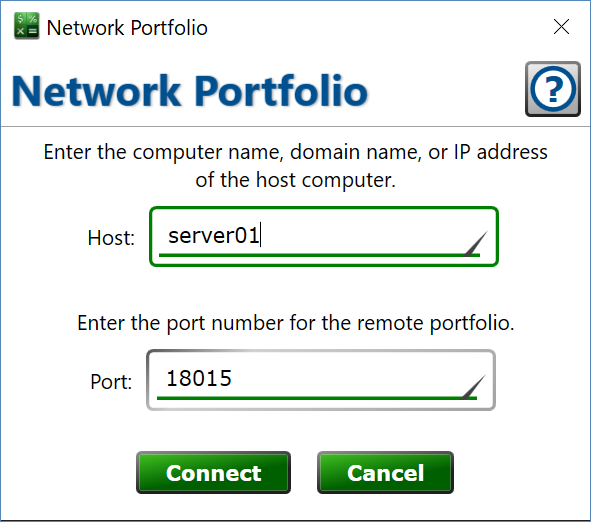 Screenshot of the Network Portfolio connection window.