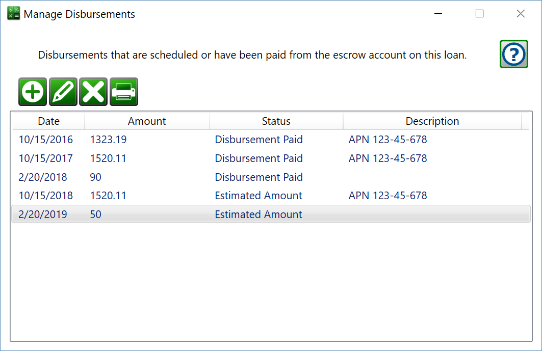 Manage Escrow Disbursements window showing the disbursements from the escrow account over time.