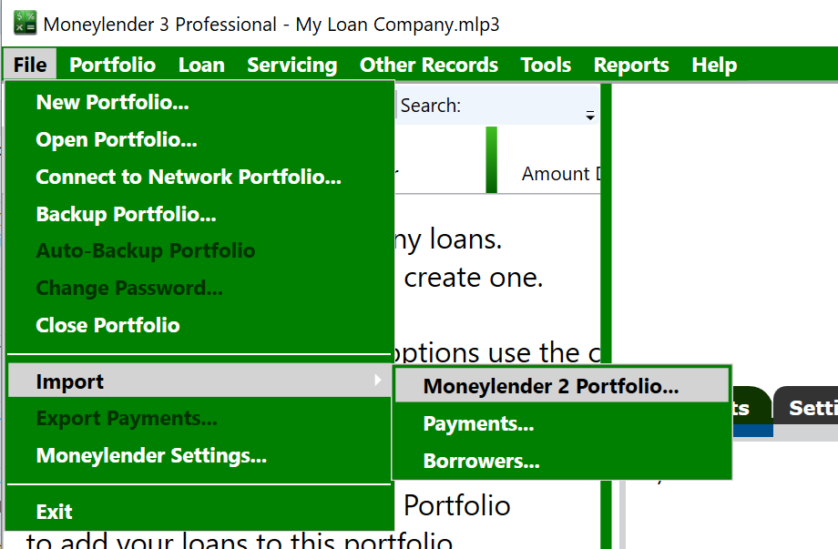 Click File > Import > Moneylender 2 Portfolio to begin the import wizard. Click File > Import > Moneylender 2 Portfolio to begin the import wizard.