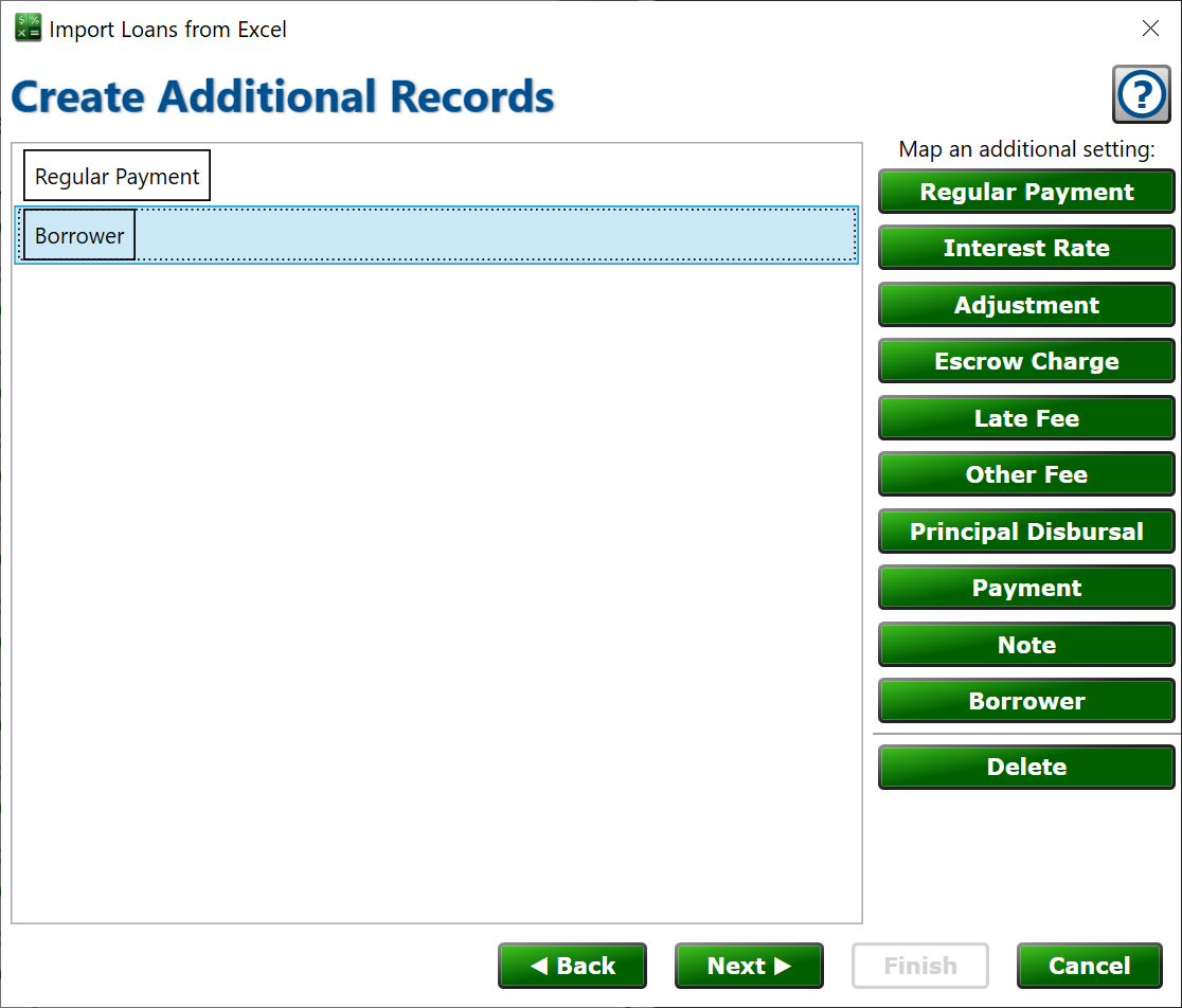 Add any additional configuration to the import to create config records on the loan. screenshot of the page to add more records to the imported loans, like additional interest rates or regular payments or borrowers.