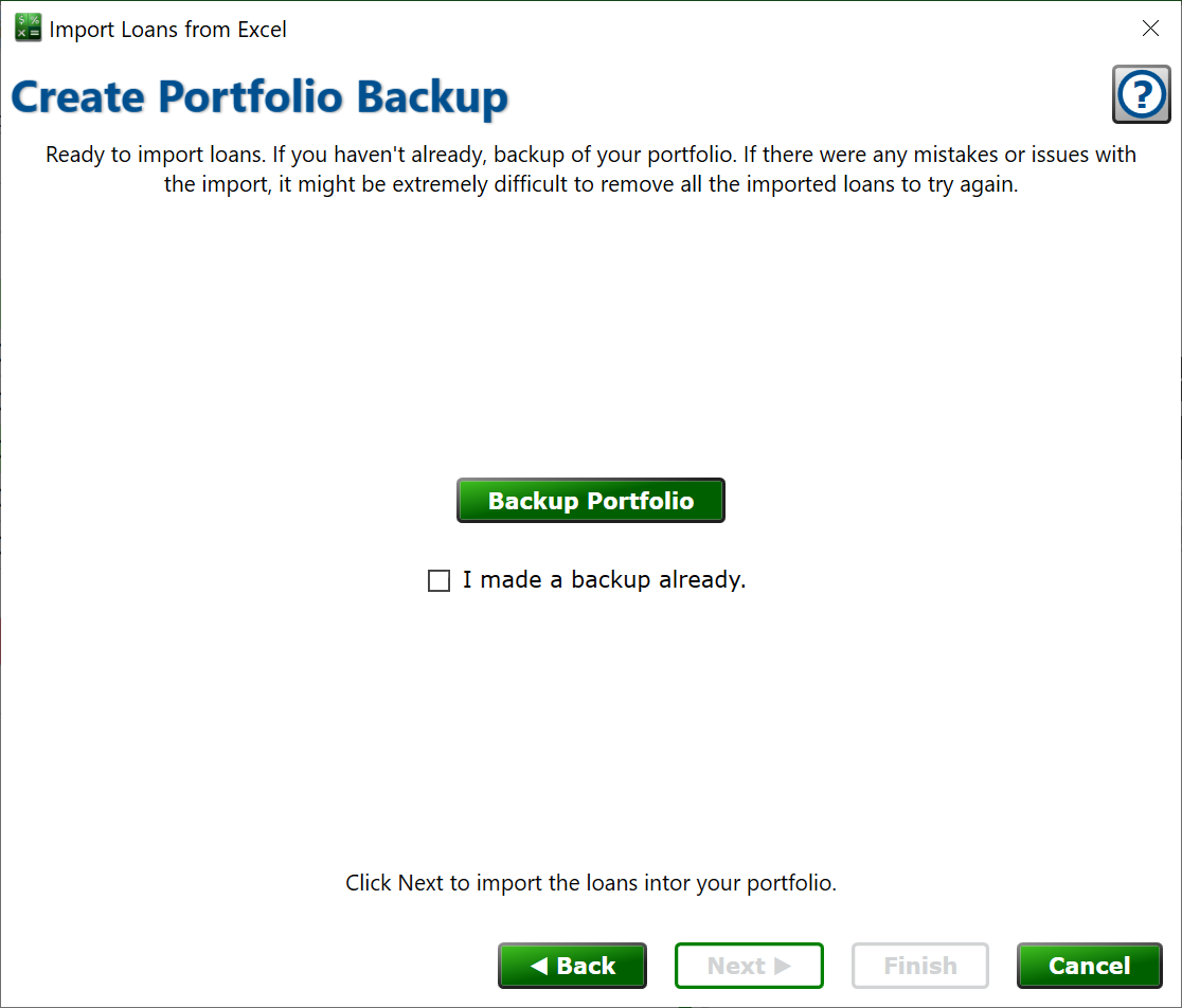 Make a backup before you do the import in case there is a problem. screenshot of the page to create a backup of your portfolio before the import runs.