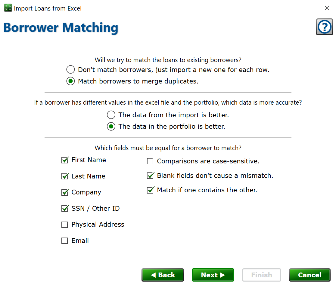 Choose how Moneylender will determine if a loan is connected to an existing borrower. screenshot of the window with options for merging duplicate borrowers from the import