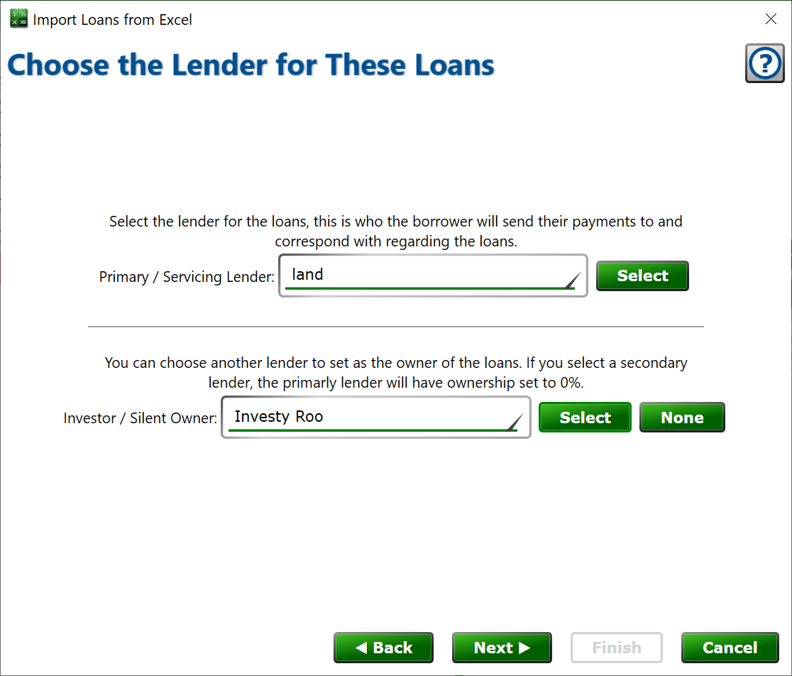 Choose the lender and optional owner to connect to the imported loans. screenshot of the choose lender for import from Excel window.