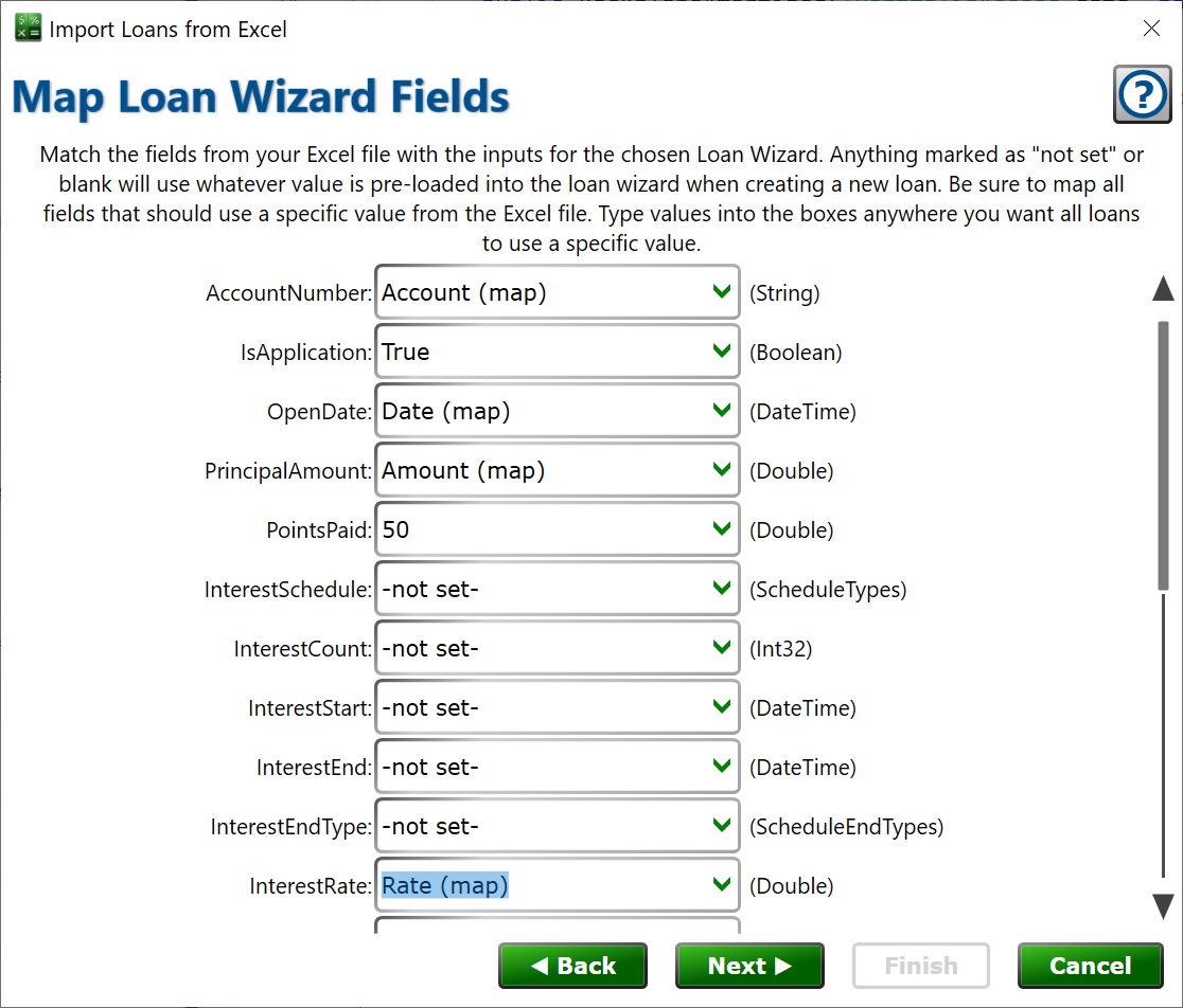 screenshot of the mapping page to match the source file with the loan wizard's properties