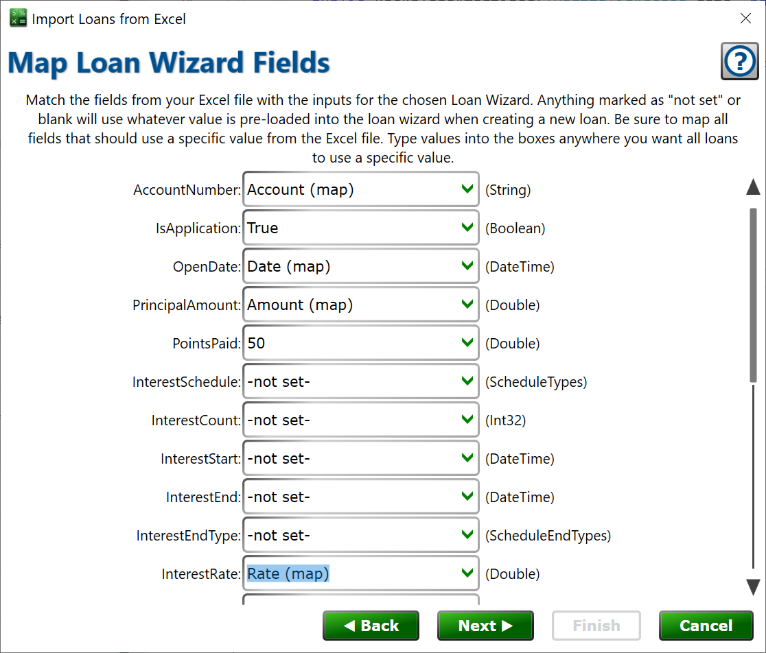 Map fields from Excel and constant values to the properties of the chosen loan wizard. screenshot of the mapping page to match the source file with the loan wizard's properties
