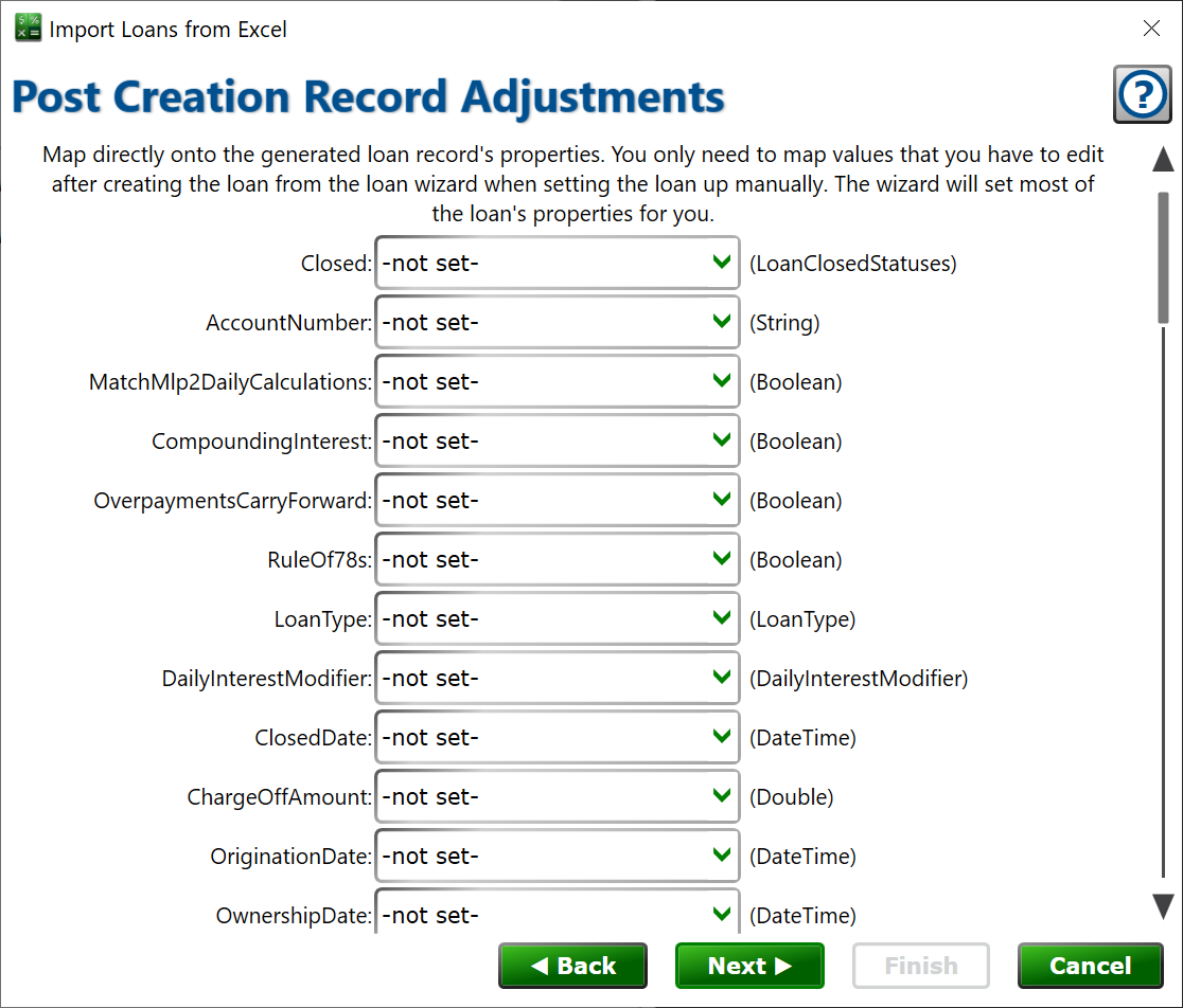 Adjust any properties of the loan, interest, and regular payment records after the wizard creates them. screenshot of the page to set individual properties of loan, interest, and regular payment records after they have been created by the wizard.