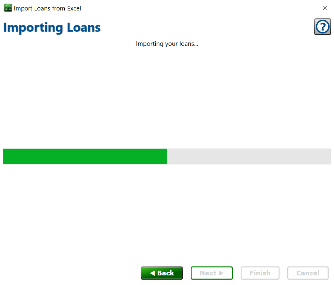 Progress as the import runs. screenshot of the progress window showing the loans being imported