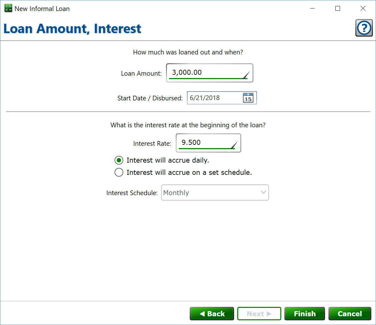 Screenshot of the Informal Loan Wizard's Amount and Interest window.