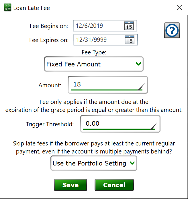 Late Fee Setting Window screenshot of Moneylender's late fee window.