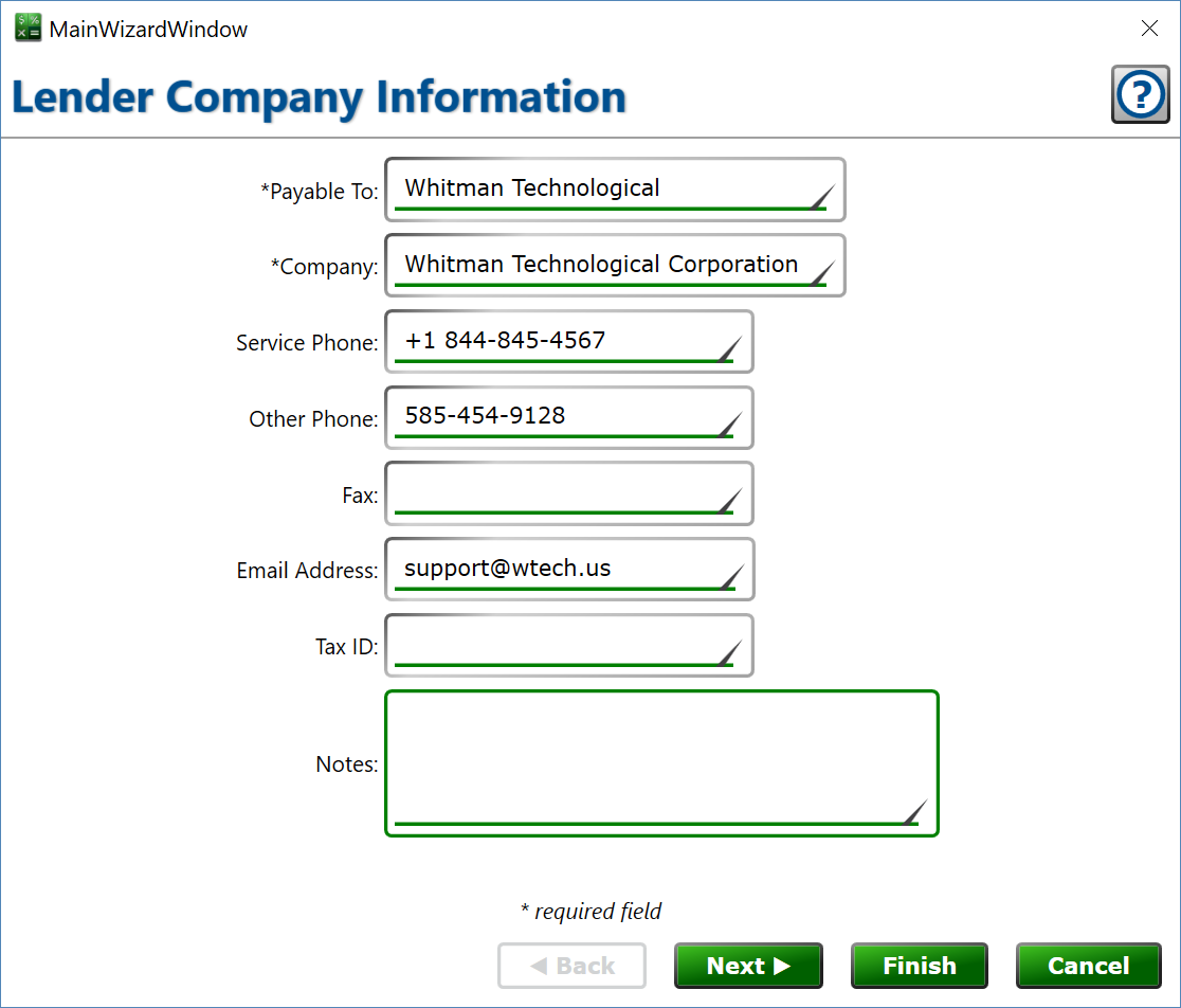 Screenshot of the Lender Company Info window.