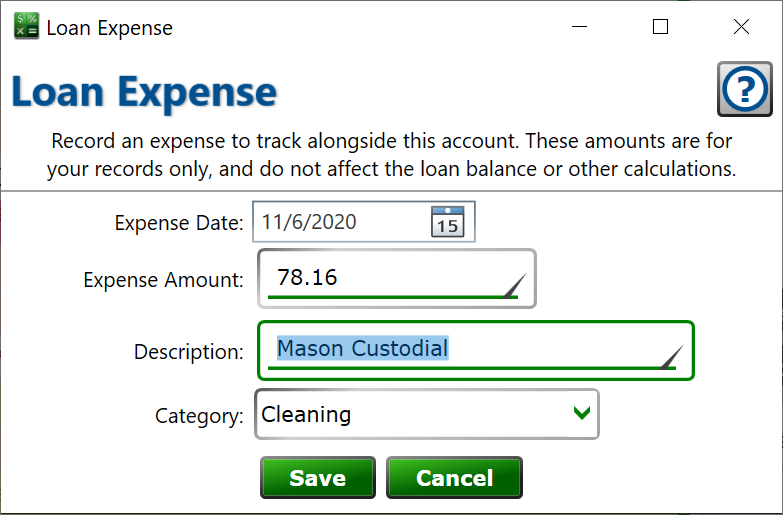 Add or edit an expense that is connected with the selected loan. Screenshot of the Loan Expense window.
