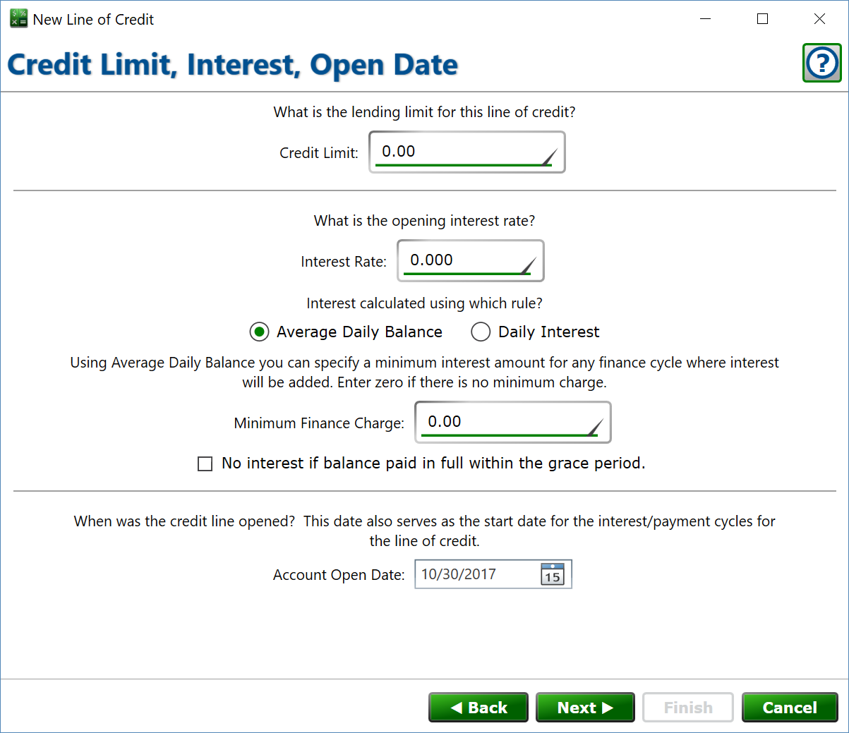 Screenshot of the form to set the credit limit, interest rate, and opening date for a revolving line of credit.
