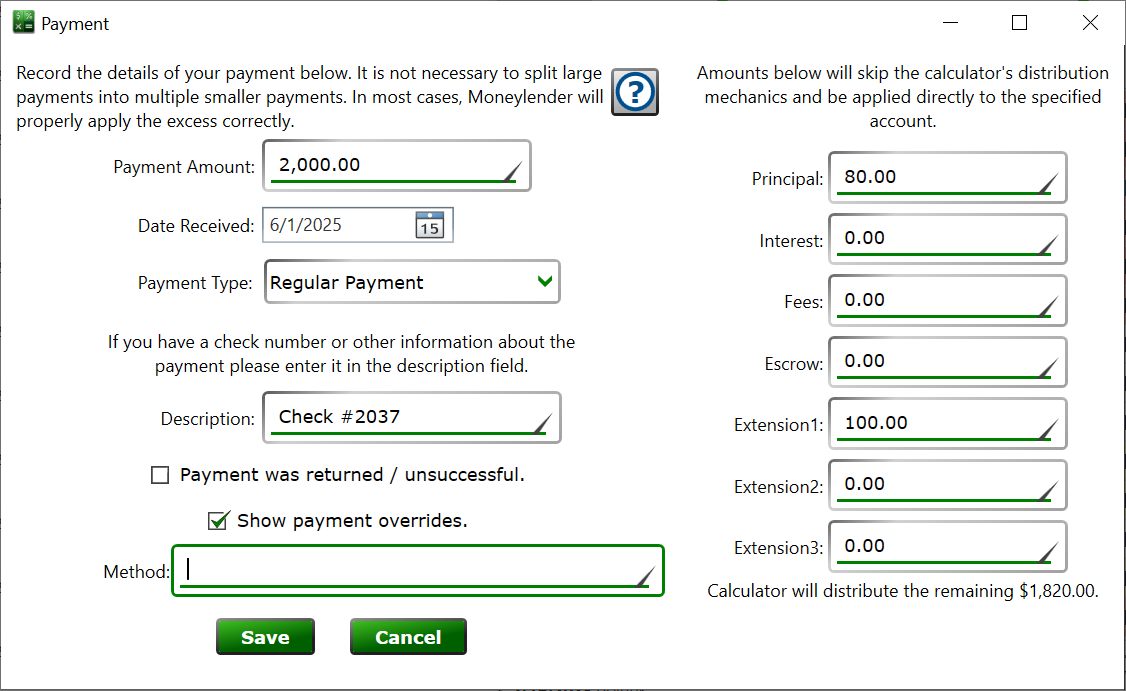 Record payments on a loan through the payment dialog. Screenshot of the payment dialog for Moneylender Professional.