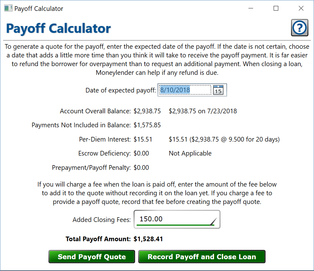 Screenshot of the Payoff Calculator window.