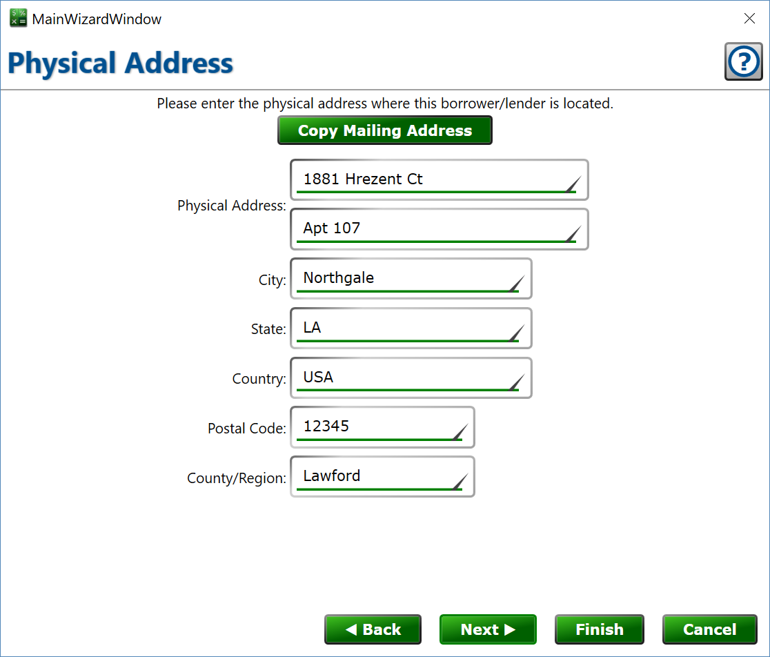 Screenshot of form to enter a physical address for a borrower or lender.