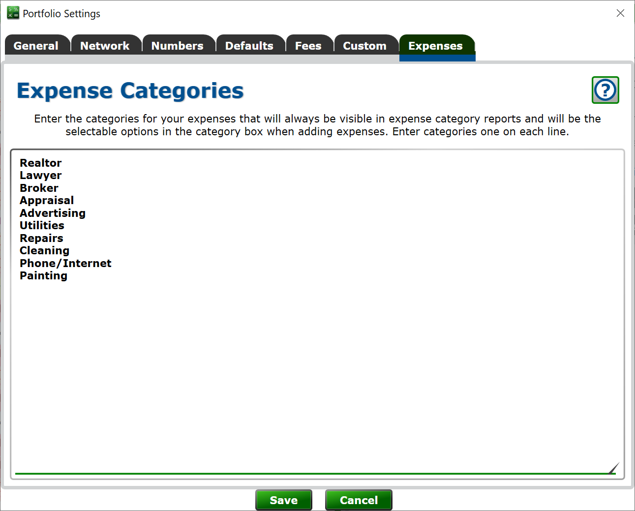 Screenshot of the Expenses tab of Moneylender's Portfolio Settings window.