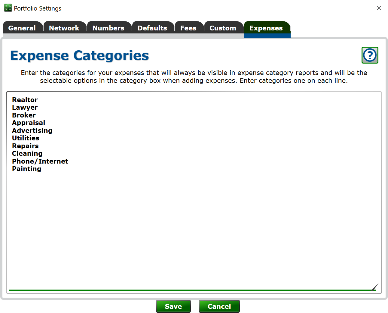 Add a list of expense categories to choose from when creating expenses. Screenshot of the Expenses tab of Moneylender's Portfolio Settings window.