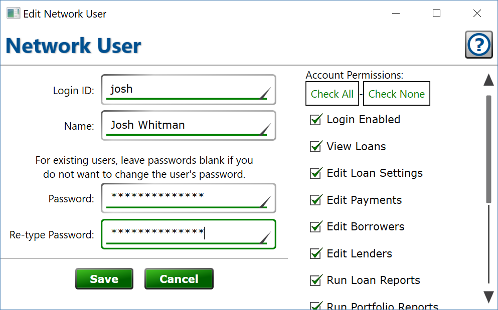 Set the login id, password and permissions for users that will share the portfolio data. Screenshot of the User Configuration window.