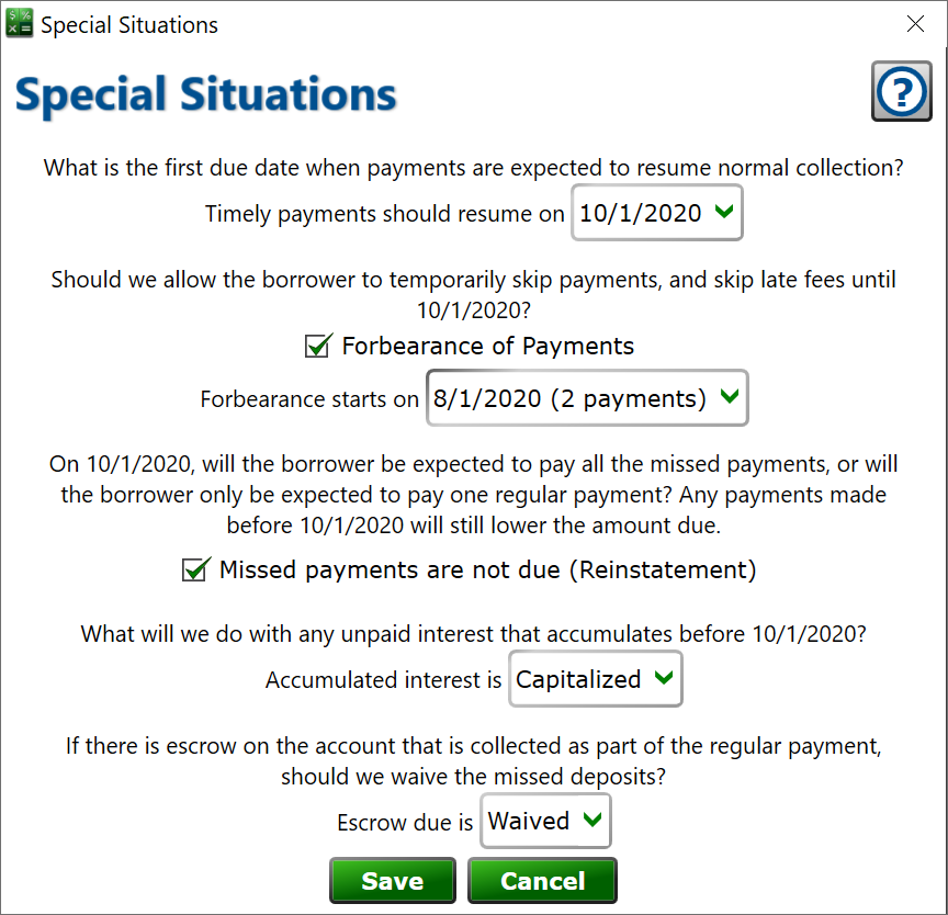 Special Situations setting to add any combination of forbearance, reinstatement, waived interest and escrow due to a loan. Screenshot of the Special Situation window.
