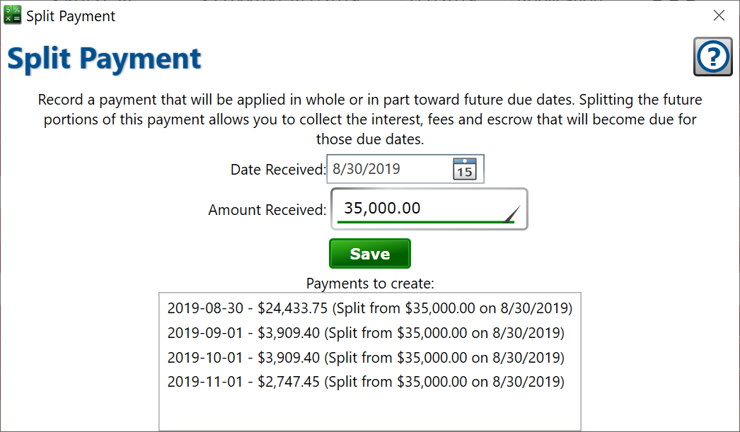 Screenshot of the split payment window for applying a single large payment across several upcoming due dates.