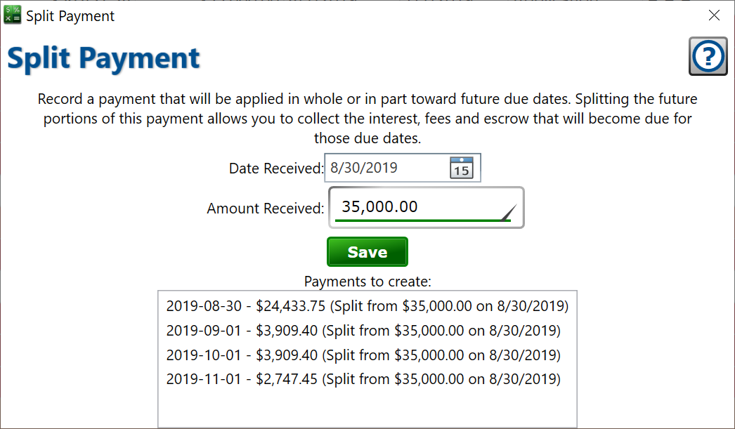 Split payments that will be applied toward future due dates. Screenshot of the split payment window for applying a single large payment across several upcoming due dates.
