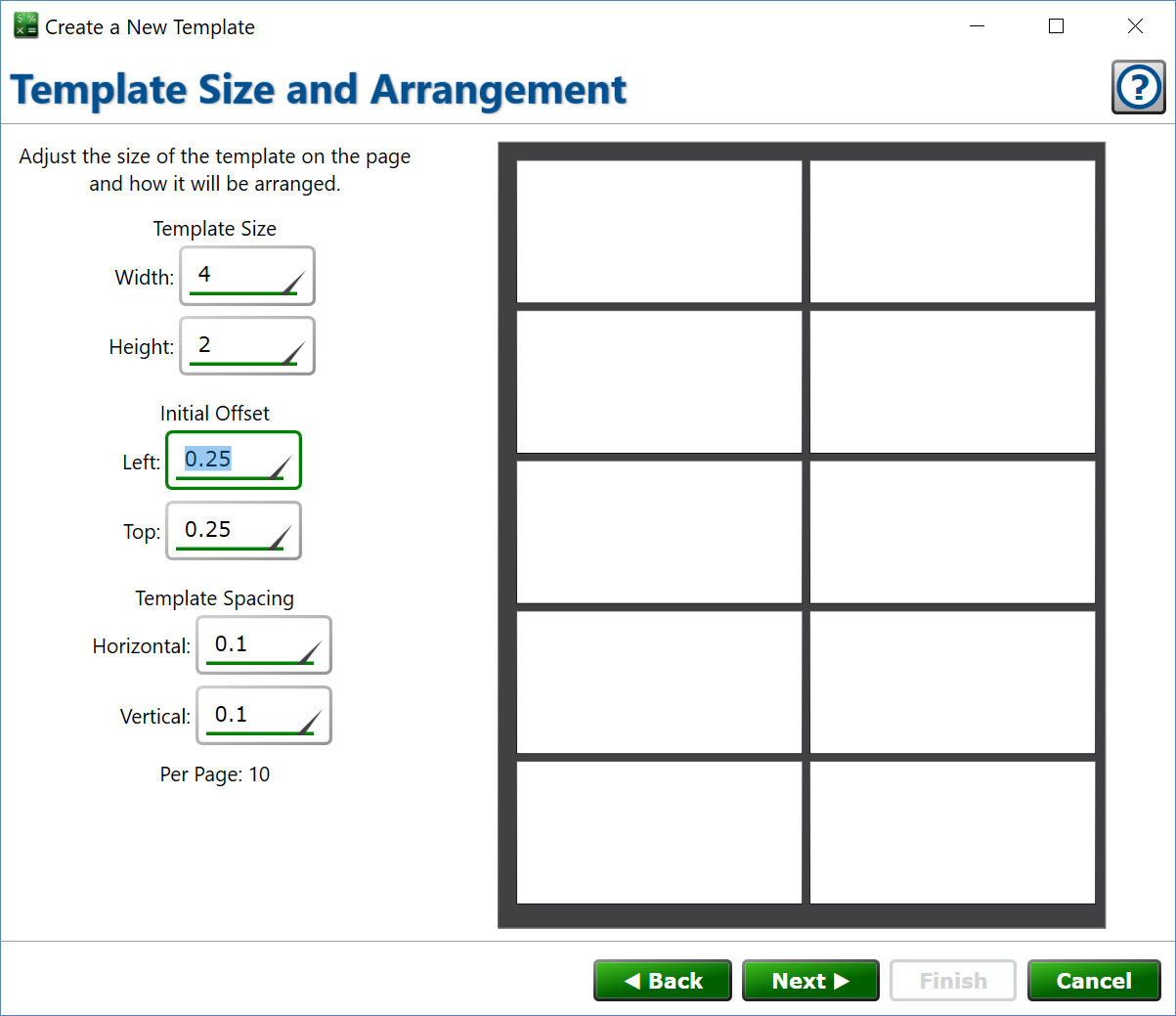 Set the size and spacing for templates on the chosen paper type. Screenshot of the template size window.